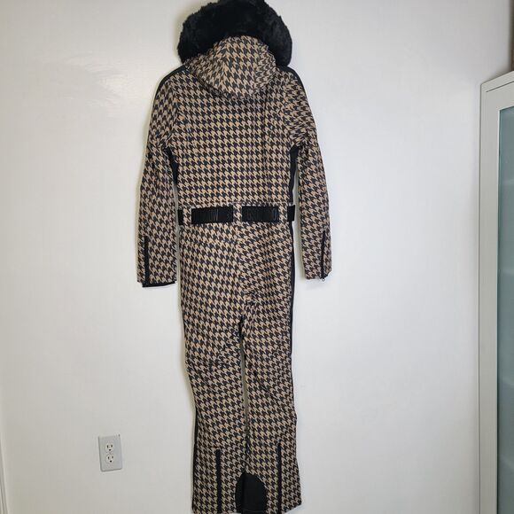 Gsou Snow Women's Slim-Fit Stretch Faux Fur Tan Houndstooth One-Piece Ski Suit S - Picture 2 of 16